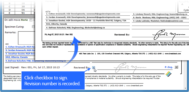 Only personnel with proper user rights have the option to sign test reports. Each time a form is signed a PDF is generated with a revision number and time stamp, and the test is added to the the list of tests awaiting distribution.