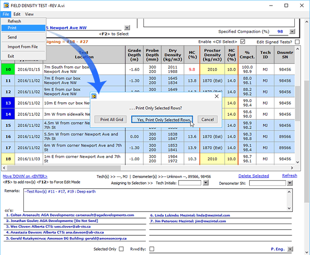 Selected test rows have all been previously signed (indicated by the blue Test # cell).  The print function is also available from the Main Menu.