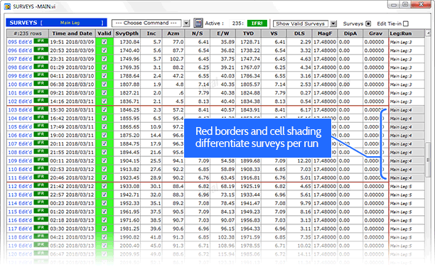 Surveys per run are made obvious by the red borderlines and  alternating cell shading.