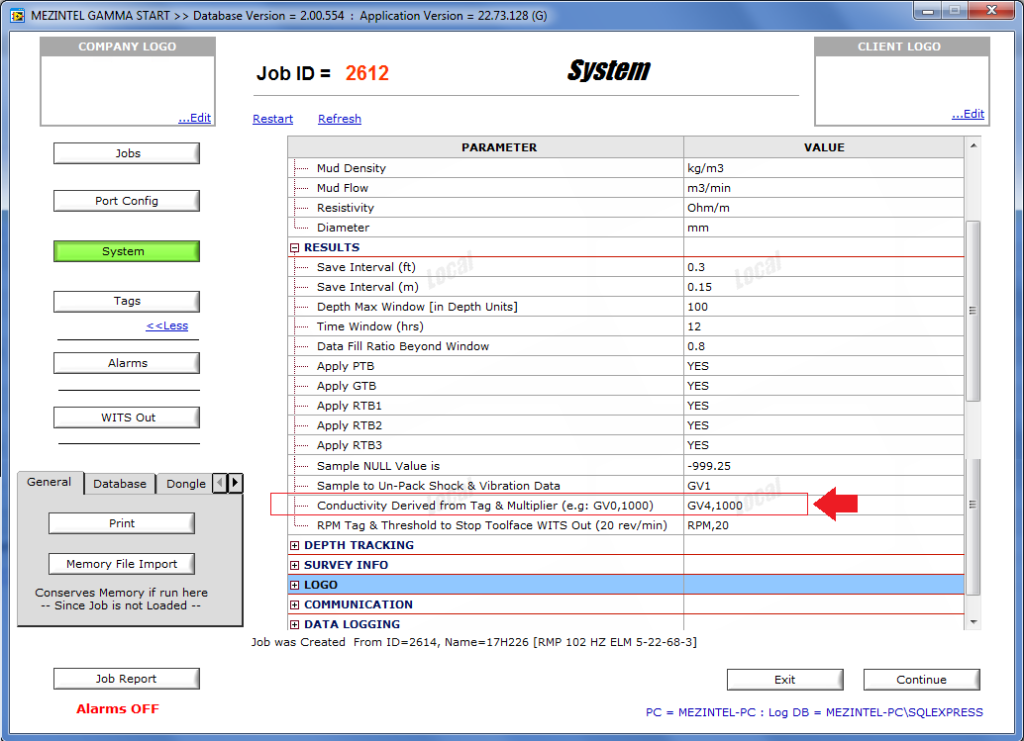 Go to System: RESULTS > Conductivity Derived from Tag & Multiplier